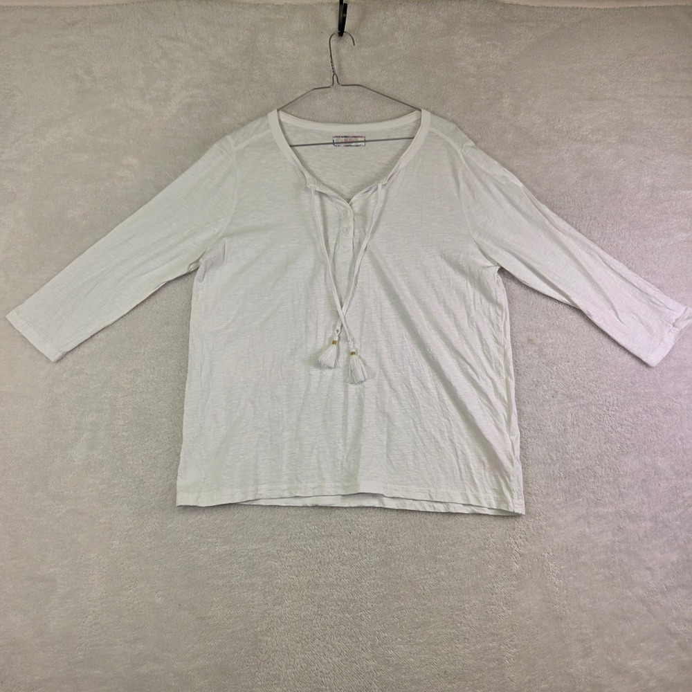 Stella Parker Collection White Slub Knit Tassel Tie Henley Top 3/4 Sleeve 3015